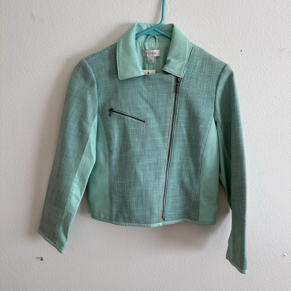 Fossil Amber Jacket Mint Green Leather Cotton Moto Biker WC5266784 Womens XS NWT